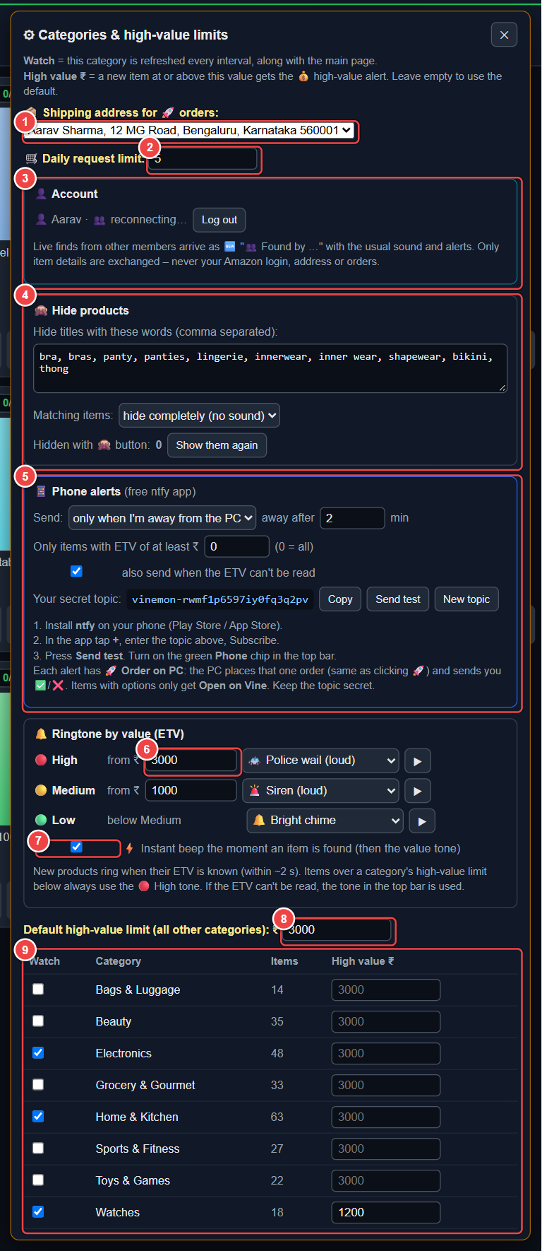 The settings panel